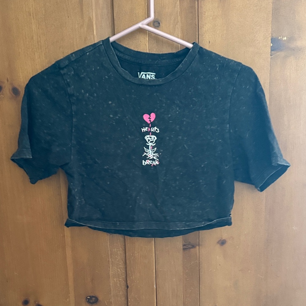 Vans Black Crop Top with Pink Heart and Flower Design